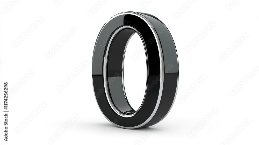Poster 3d glossy black and chrome number zero on a clean white background for modern design applications