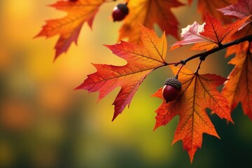 Autumnal colors of an oak tree with leaves and acorns, foliage colors, autumn colors