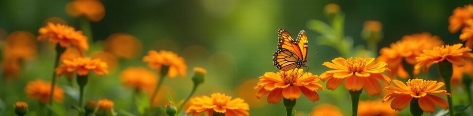 Obraz premium Garden of orange marigold flowers with butterflies, orange flowers with butterflies, butterflies
