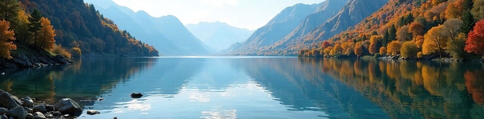 Obraz premium Gentle ripples on the surface of a mountain lake in autumn, water, calm, tranquil