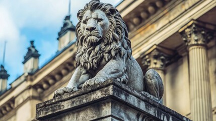 Lion statue guardian at historic weighing house with ornate architecture in background under clear blue sky