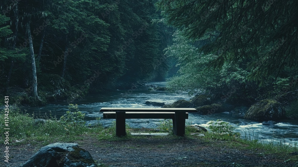Poster peaceful forest bench by a tranquil river inviting solitude and reflection in nature's serene surrou