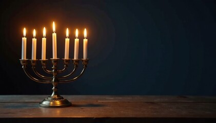 Softly glowing candles on a wooden table form a stunning menorah against the dark background, menorah, serene, candle