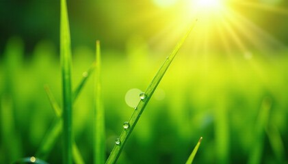 Softly glistening droplets on tall grass blades, morning sun diffused background, nature, dewy