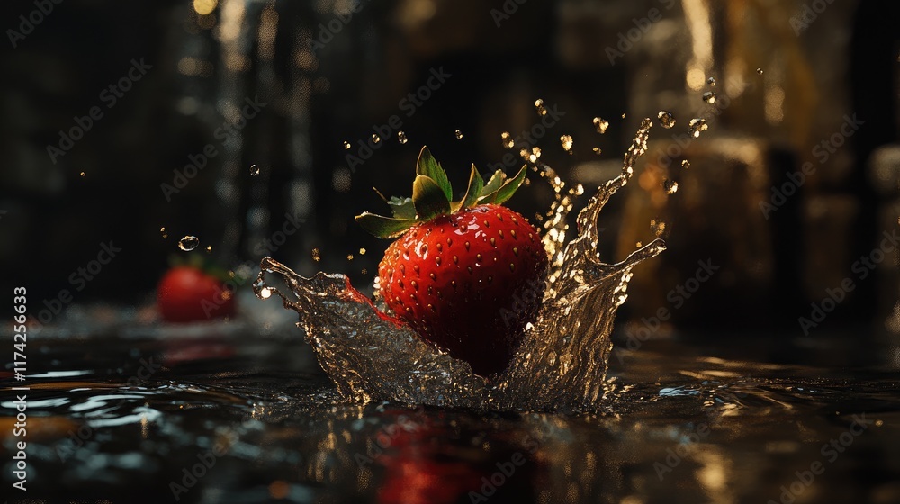 Poster Strawberries splashing in water creating dynamic ripples amidst a serene natural backdrop with soft lighting and rich textures.