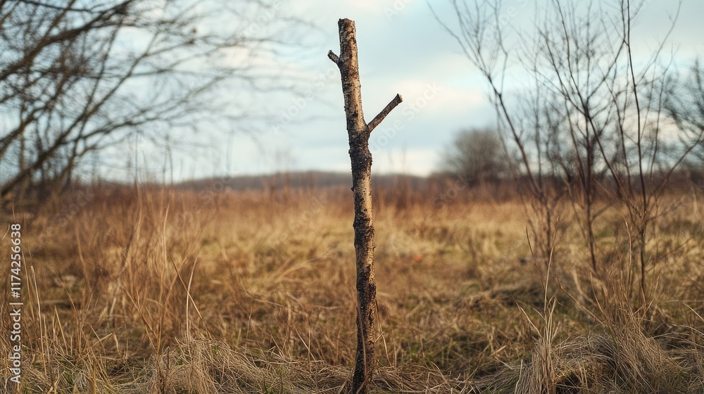 Poster lonely stick in a vast field with barren trees and soft sunlight illuminating a serene natural lands