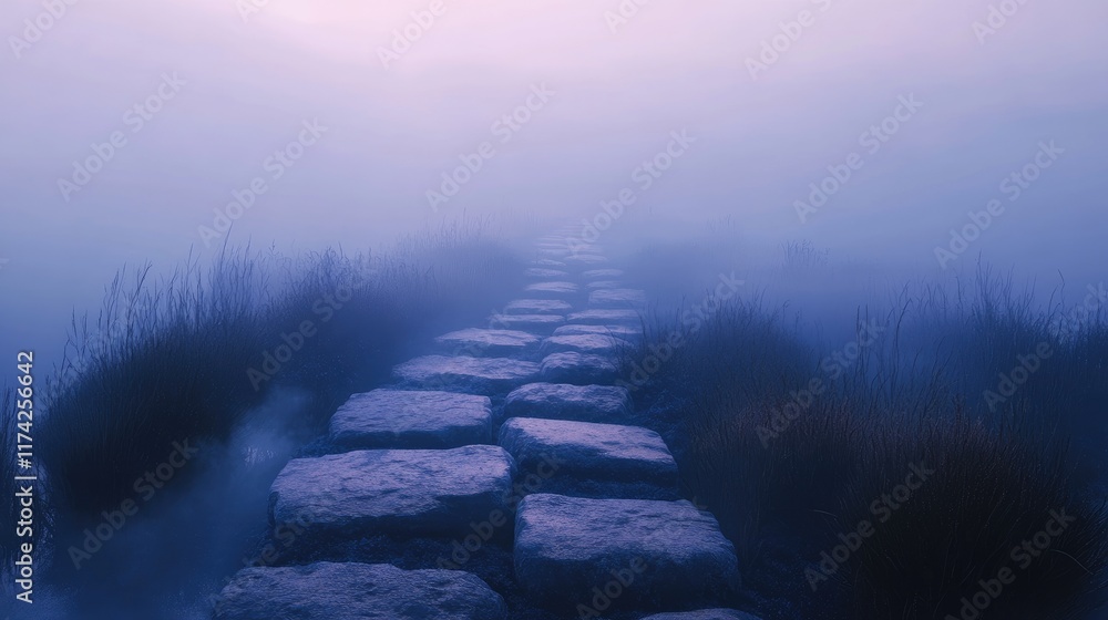 Poster Mysterious foggy pathway of stone slabs guiding into an uncertain future surrounded by lush grass and an ethereal atmosphere.