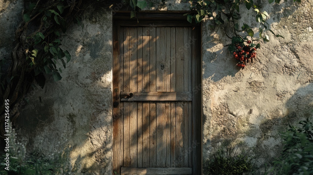 Poster charming rustic door with natural greenery and textured stone wall creating an inviting entrance in 