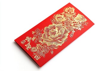 Elegant floral design on luxurious red envelope with golden peony illustration symbolizing prosperity and good fortune perfect for Lunar New Year gift-giving or festive season occasions