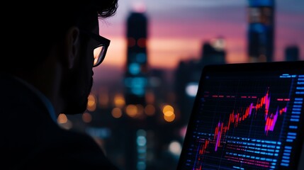 Businessman analyzing stock market data on computer at sunset, showcasing modern trading and technology in urban environment.