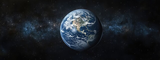 Fototapeta premium The planet Earth floating in space with a realistic look, featuring a blue and white color scheme against a black background with stars. Ideal for science, astronomy, and educational content