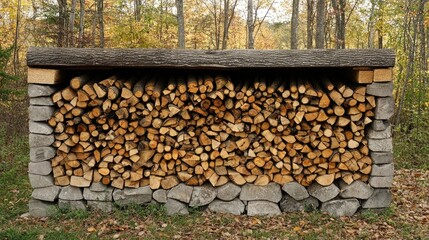 Wooden firewood storage neatly stacked beside a forest road surrounded by colorful autumn trees in a serene woodland setting