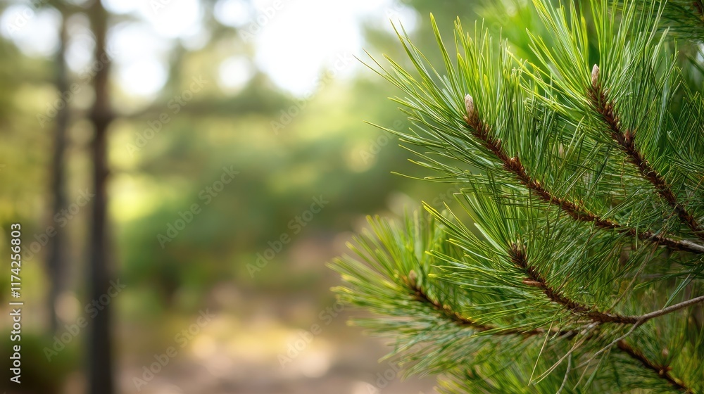 Poster pine tree branches in a serene forest setting with blurred background creating a peaceful atmosphere