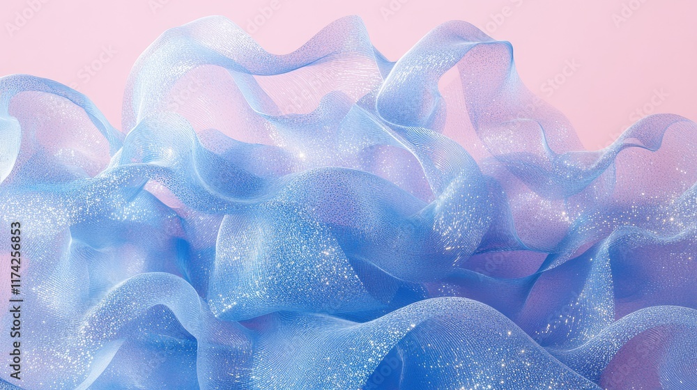 Poster flowing blue particle waves creating a serene atmosphere against a soft pink backdrop in an abstract