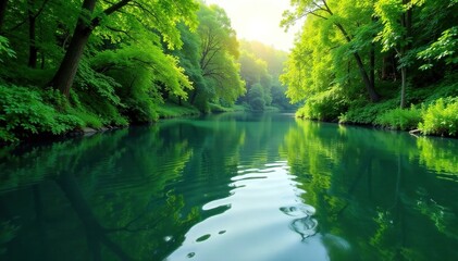 Obraz premium Wavy river surface reflected in lush greenery, calm, tranquility
