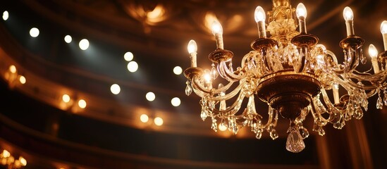 Glimmering chandelier in opera house highlighting theatrical elegance and ambiance with stage lights and space for text insertion