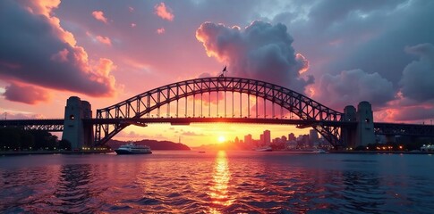 Fototapeta premium Dawn breaks over the Harbour Bridge with majestic clouds, morning, light