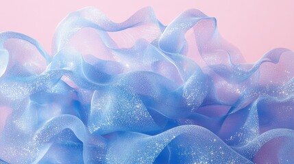 Flowing blue particle waves creating a serene atmosphere against a soft pink backdrop in an abstract design concept.
