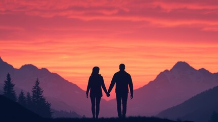 Obraz premium A romantic couple stands hand-in-hand against a vibrant sunset, surrounded by mountains, creating a serene and intimate atmosphere.
