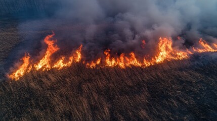 Aerial view of large grass fire emitting thick smoke over dry terrain showcasing the destructive power of wildfires in nature.