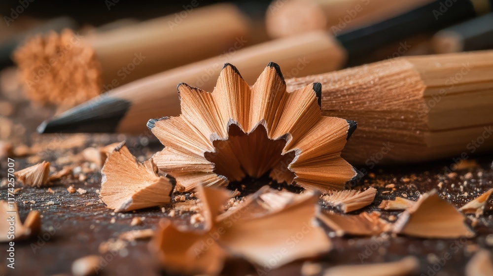 Poster close up of finely curled pencil shavings on a wooden surface with sharpened pencils creating an art