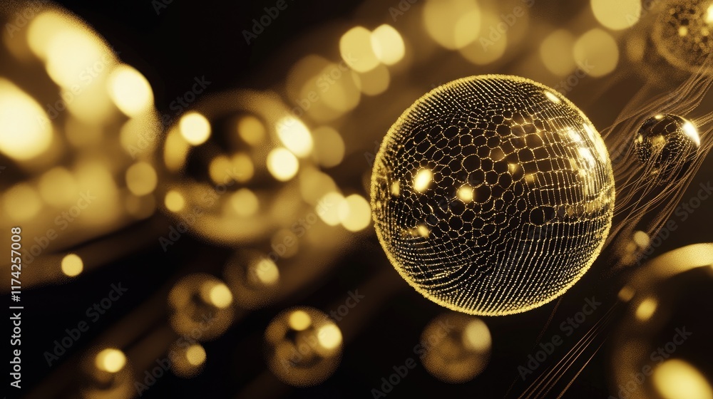 Poster futuristic golden bokeh background with 3d abstract digital spheres and geometric patterns in techno