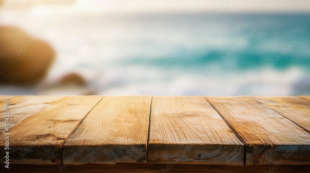 Poster empty wooden tabletop with blurred tropical beach background ideal for product display and promotion