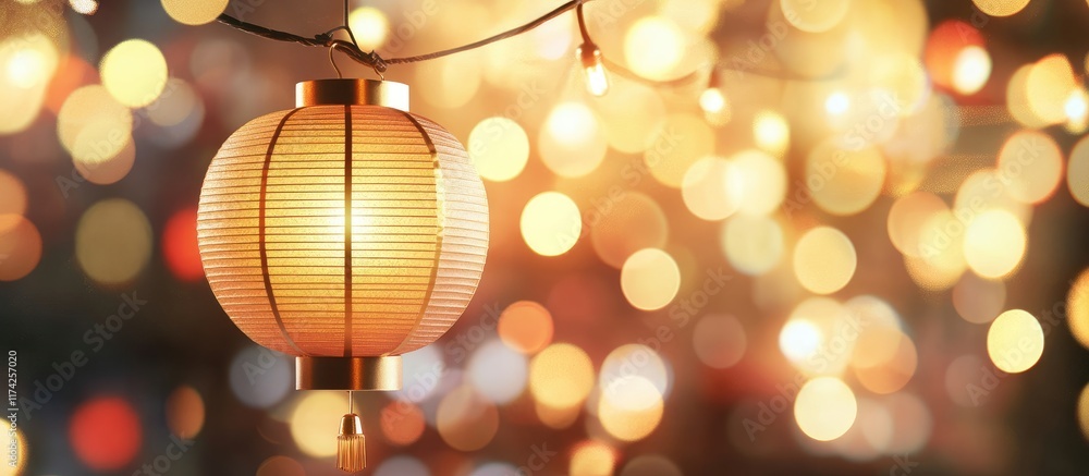 Poster elegant 3d gold paper lantern illuminated against a warm bokeh background with spacious empty area f