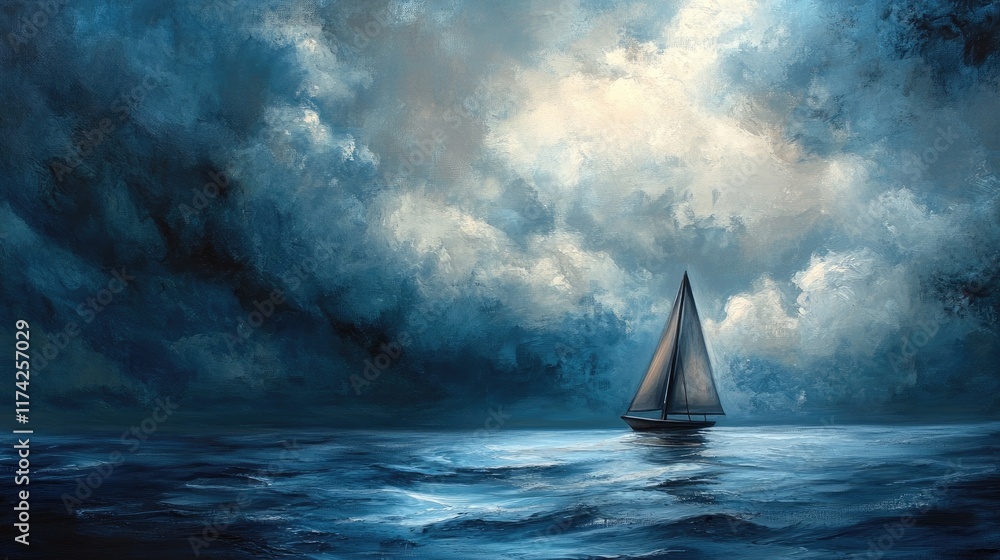 Poster dramatic sailing scene with dark storm clouds and calm ocean waters creating a mood of anticipation 