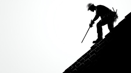 Obraz premium Silhouette of a construction worker on a roof, showcasing dedication and effort in the building trade against a bright backdrop.