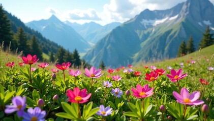 Fototapeta premium Mountain meadow with Dracocephalum grandiflorum and Bergenia, flower, bloom, alpine flowers