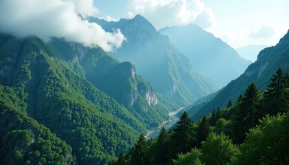 Lush canopy of forest shrouds rugged mountain peaks, mist creeps up the sides, peaks, canopies