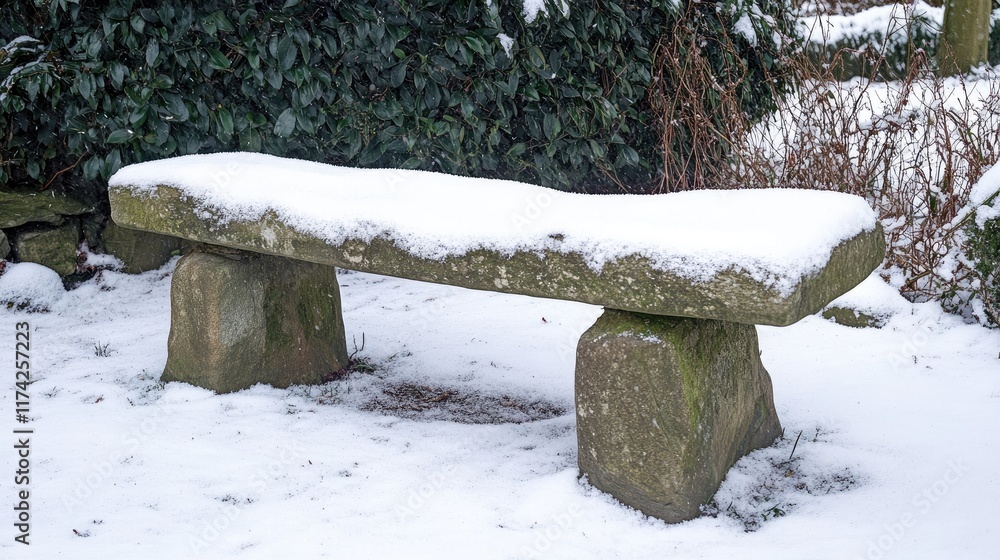 Aufkleber stone bench covered in snow surrounded by greenery creating a serene winter landscape scene