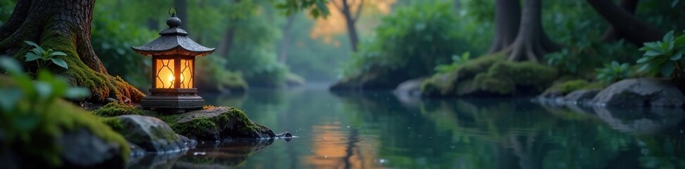 Fototapeta premium Softly lit stone lantern reflects peaceful scene, serene, softly
