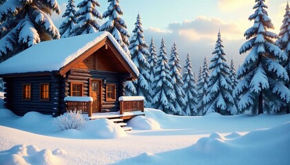 Softly falling snowflakes on a wooden cabin backdrop, cold climate, snowy scene, snowy woods