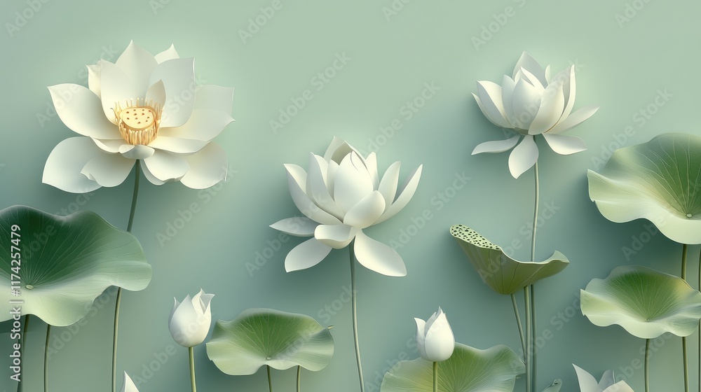 Poster minimalist 3d lotus flower background in soft green tones ideal for spring themes with delicate text