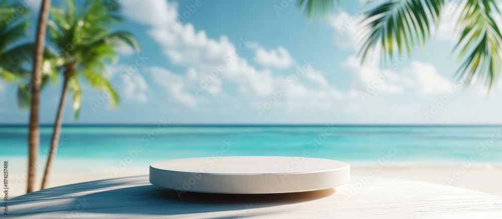 Poster 3d product display podium with blurred tropical beach backdrop and empty space for text ideal for ad