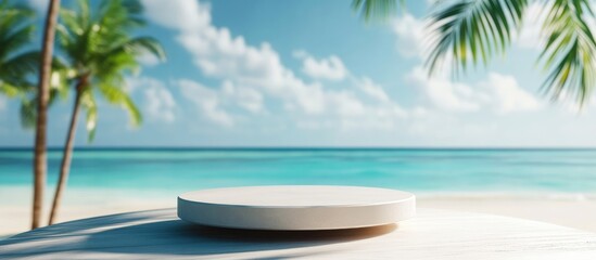 Obraz premium 3D product display podium with blurred tropical beach backdrop and empty space for text ideal for advertising promotions or presentations