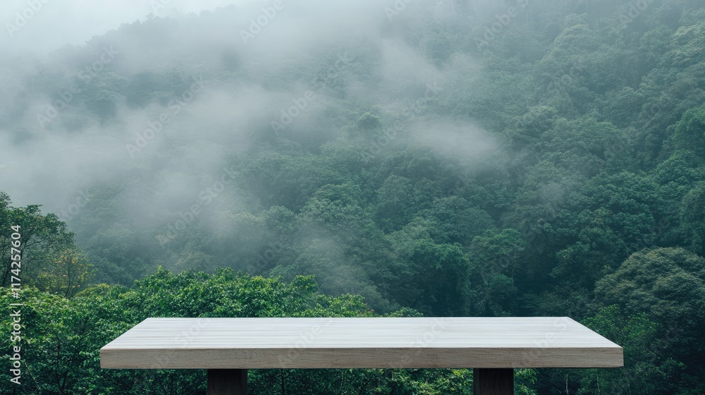 Poster minimalist wooden table against lush green forest background ideal for product display and text plac