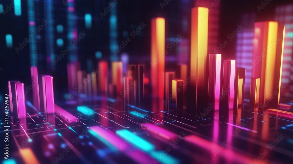 Poster vibrant 3d bar charts illustrating data visualization and strong performance metrics in a futuristic