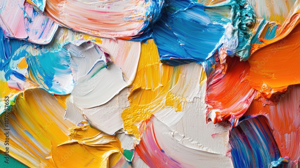 Poster Vibrant Abstract Impressionist Painting with Rich Textures and Dynamic Colors on Canvas Background