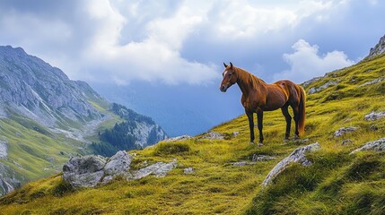 A majestic horse resting on a lush mountain landscape with dramatic clouds and rocky terrain in a serene natural setting