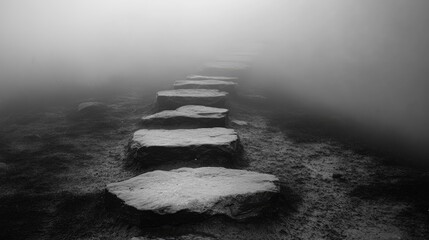Mysterious foggy path of stone stepping stones leading into an uncertain future in black and white atmosphere