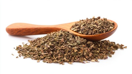 Pile of dried oregano leaves with wooden spoon isolated on white background 