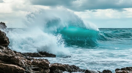 Majestic turquoise wave crashing against rocky shoreline under overcast sky at a beautiful beach setting