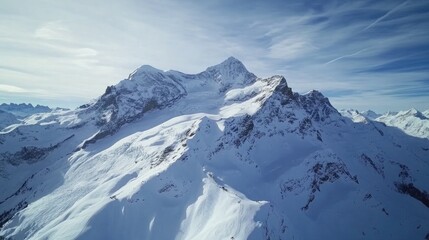 Obraz premium Aerial view of majestic snow covered mountain peaks showcasing breathtaking alpine scenery in winter season