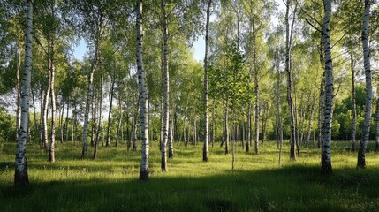 Obraz premium Birch grove with vibrant green grass under a clear sunny sky creating a serene natural landscape ideal for relaxation and outdoor activities
