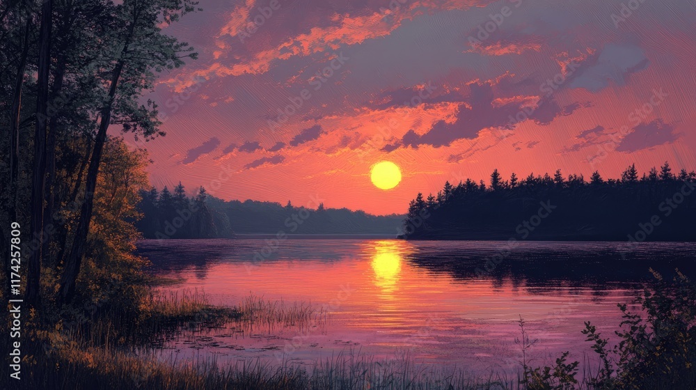 Poster serene sunset reflection on a tranquil lake surrounded by lush trees and vibrant clouds creating a p