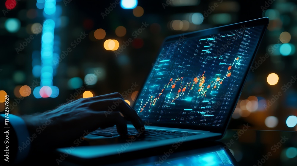 Aufkleber a close-up view of a hand on a laptop displaying vibrant data analytics in a city setting at night.