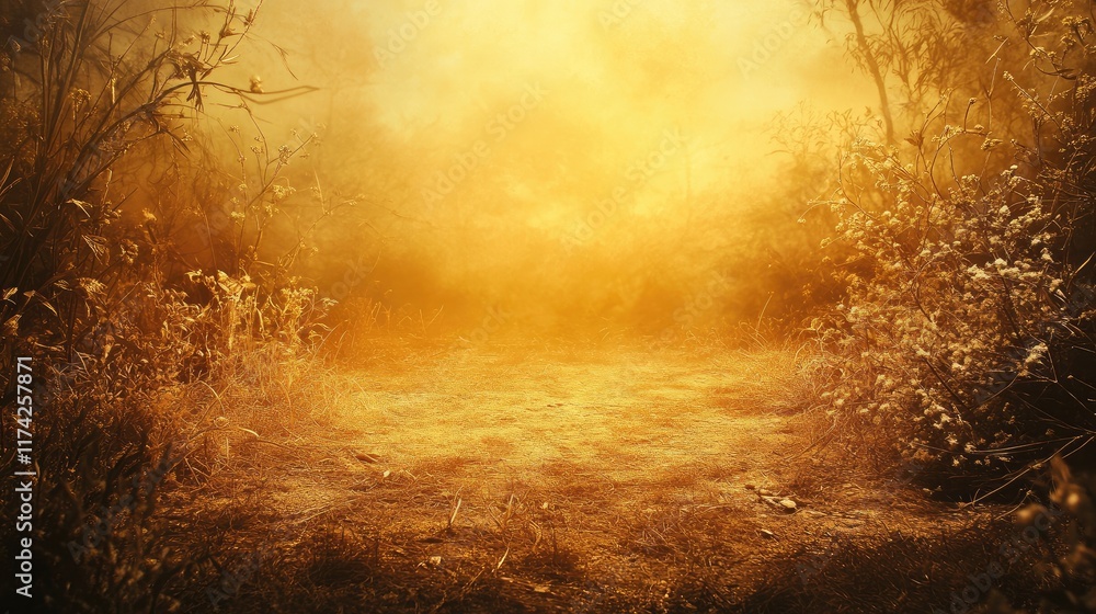 Aufkleber Golden misty landscape background with soft lighting and natural vegetation creating a serene and atmospheric scene for various uses.
